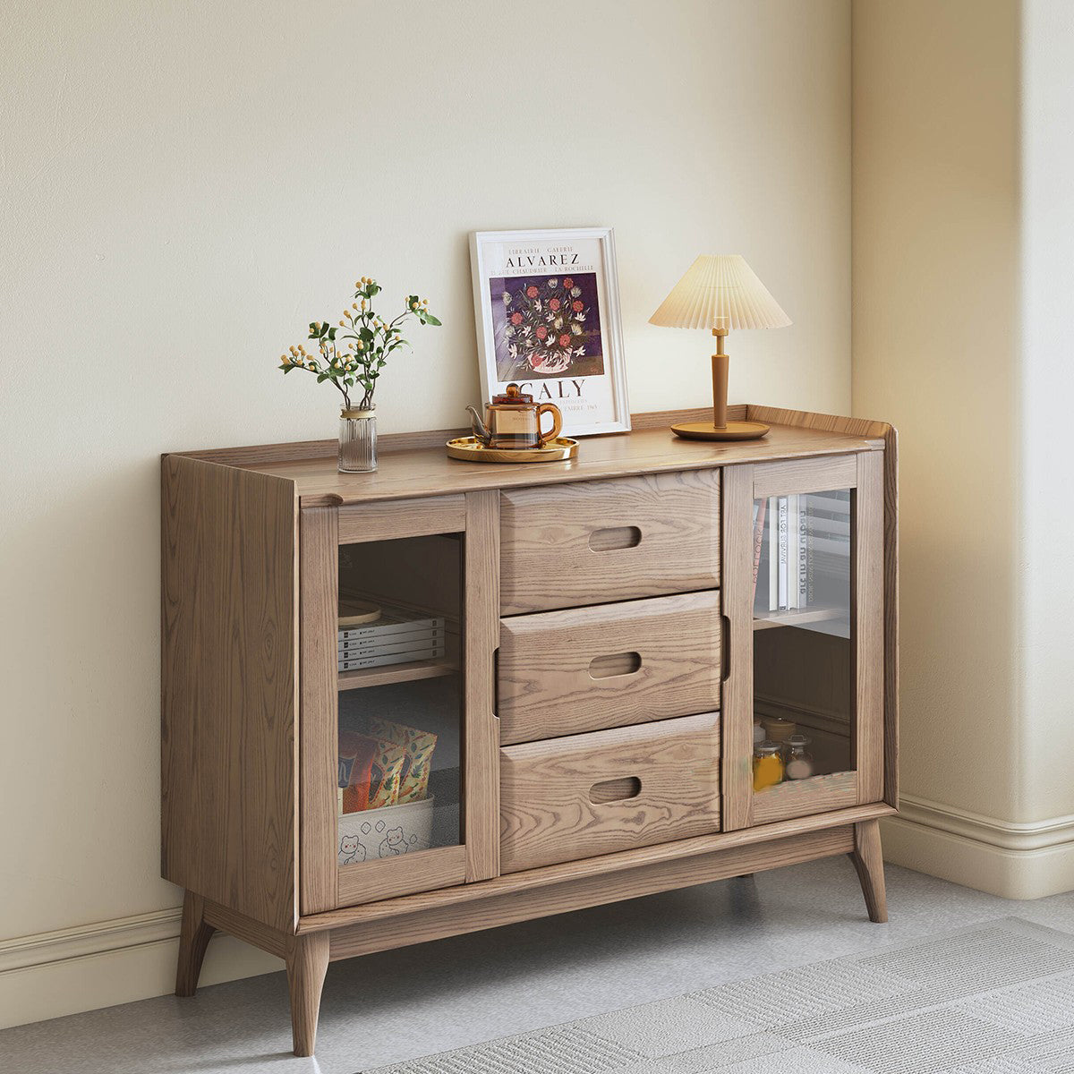 Walnut-Stained Ash Wood Sideboard with Dual Glass Doors