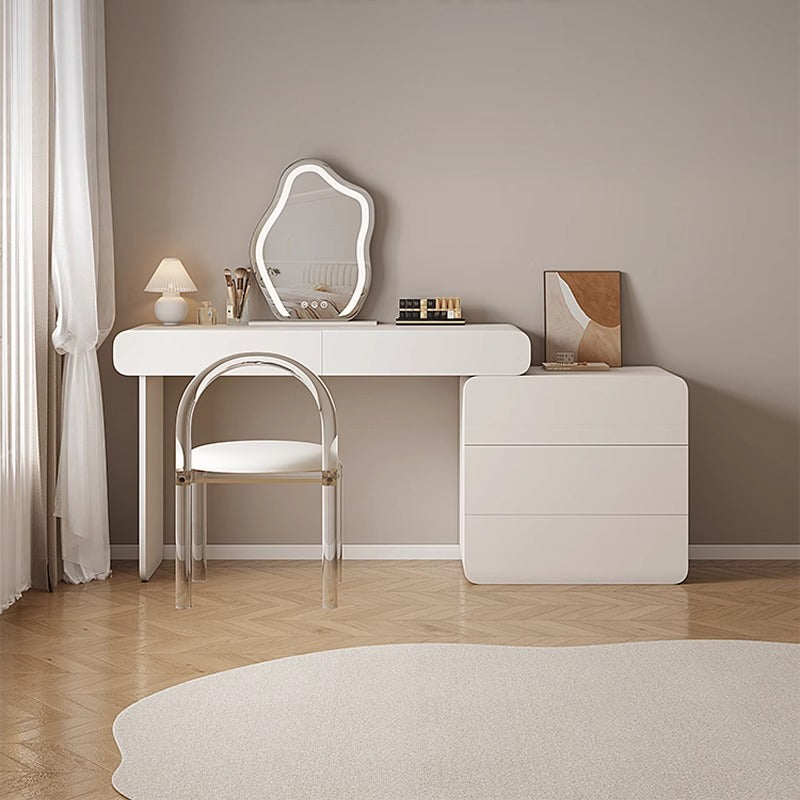 Beige Cloud Mirror Dressing Table with Three-Drawer Cabinet and Stool Set