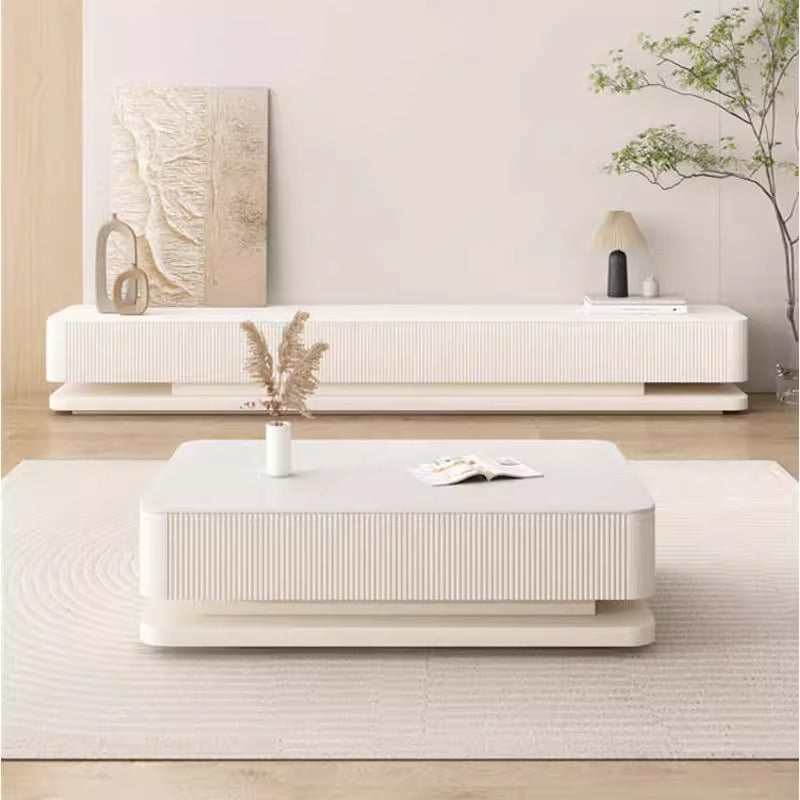 Pre Sale Pure White Stone Panel TV Console with Artisanal Openwork Wood Base