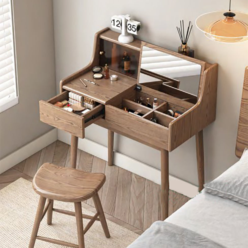 Pre Sale Walnut-Stained Ash Wood Vanity with Flip-Top Mirror and Stool