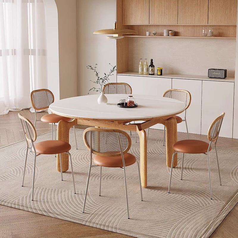 Expandable Solid Wood Round Modern Dining Table with 6 chairs