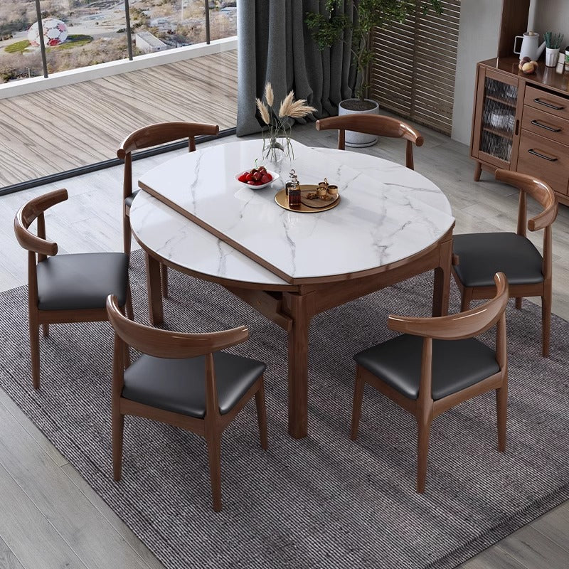 Round Slate/Solid Wood/Dining Table/6 Chairs