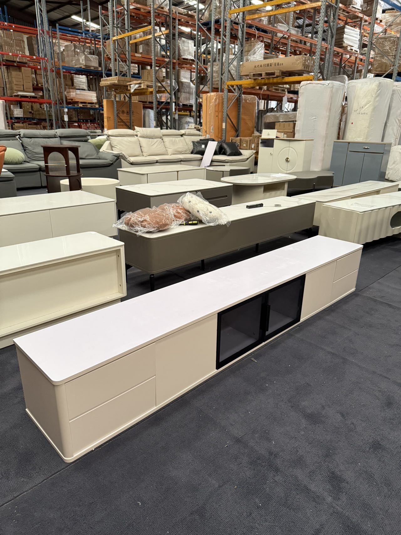 Cream White/Slate/Glass Door/TV Cabinet