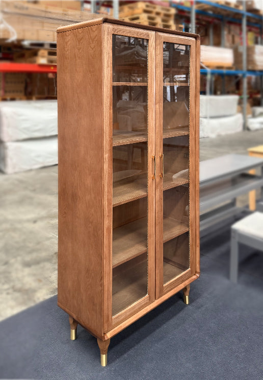 Walnut Double Door Glass Bookcase