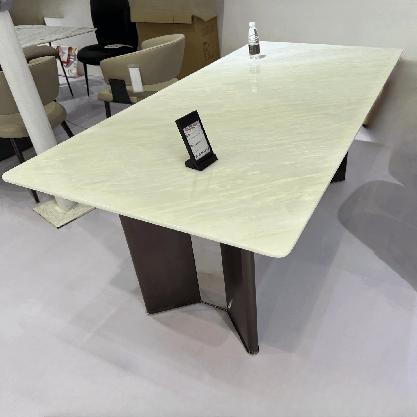 Pre Sale Luxury White Jade Stone V-Shaped Carbon Steel Leg Dining Table