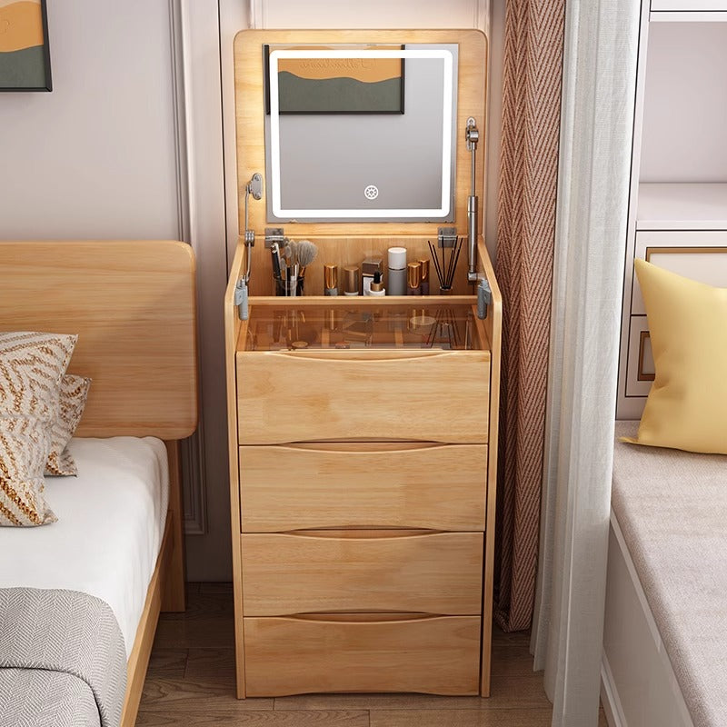 Natural Wood Color Flip-Top Dressing Table with Lighted Mirror Simple Solid Wood Dressing Table