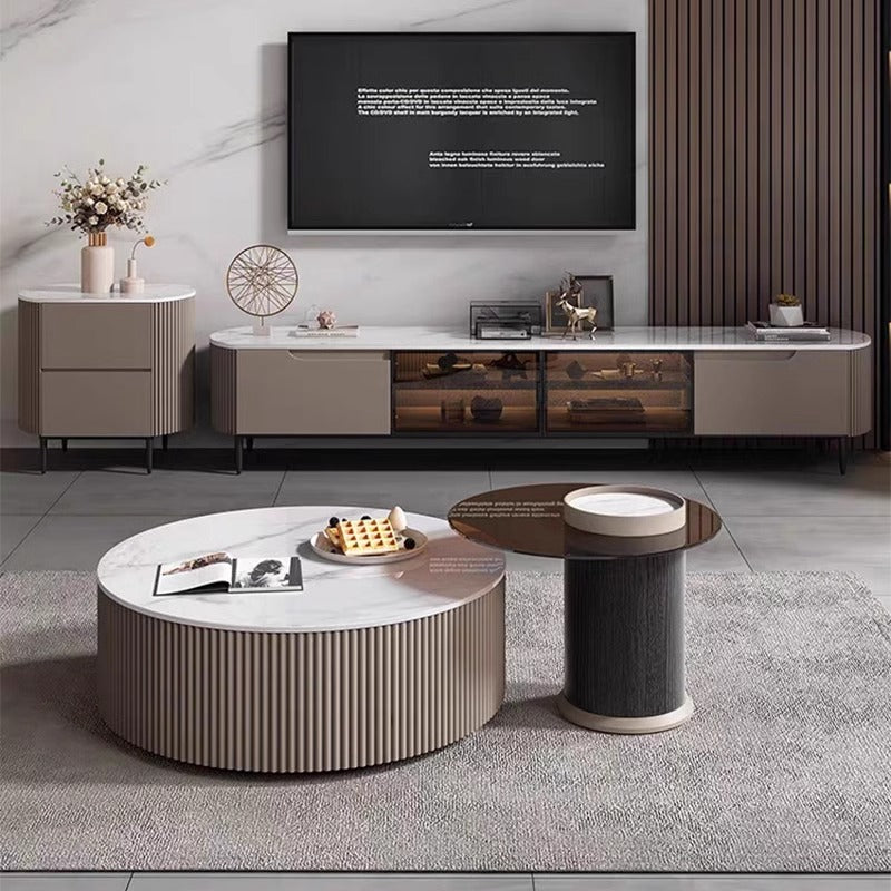 Matte Snow Mountain Rock Panel TV Cabinet with Glass Doors