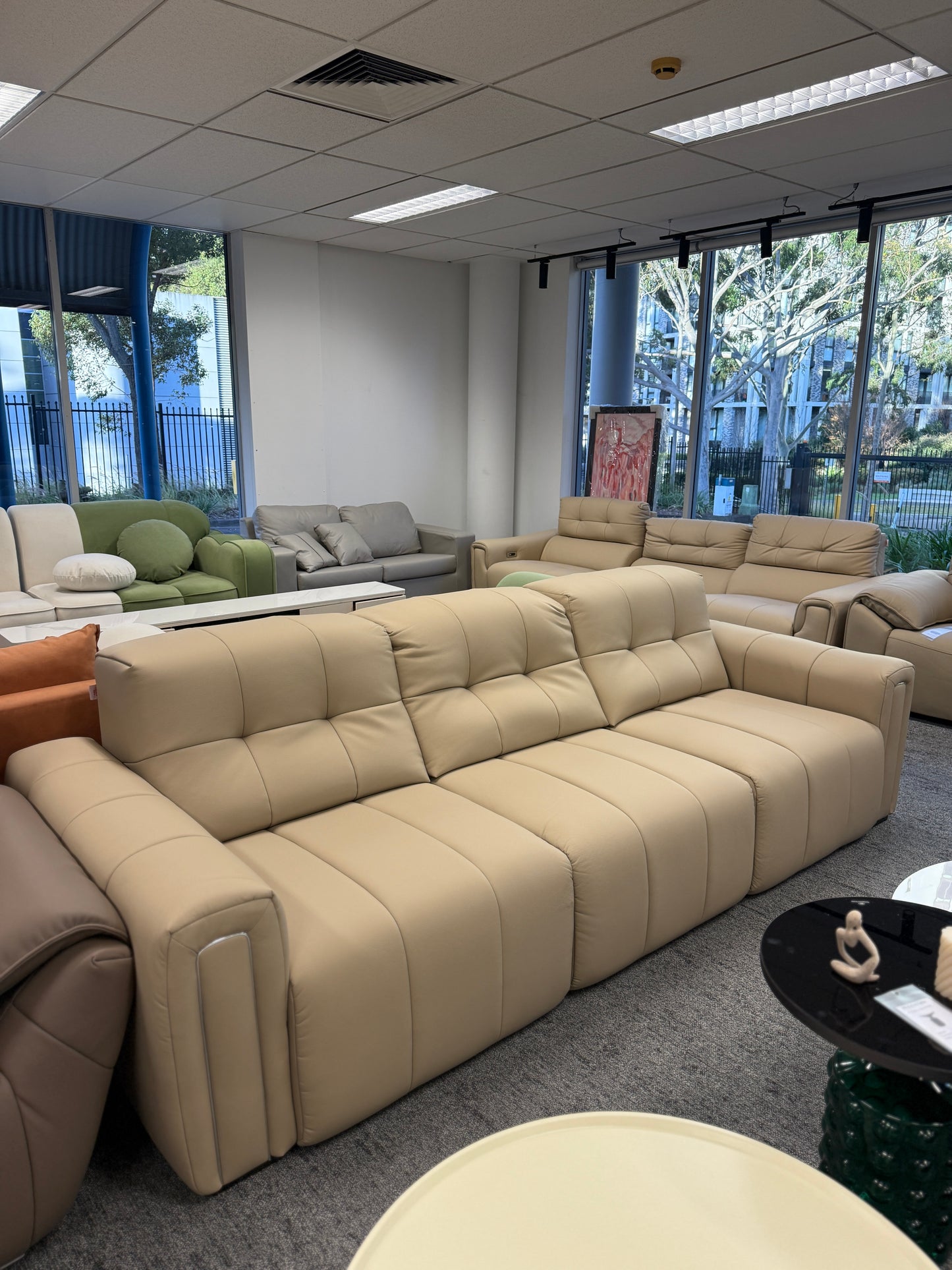 Pre Sale Eco-Leather 3-Seater Electric Extendable Sofa Light Khaki