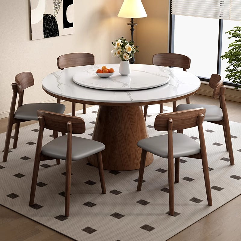 Pre Sale White Rock Top Round Dining Table with Walnut Legs and Lazy Susan
