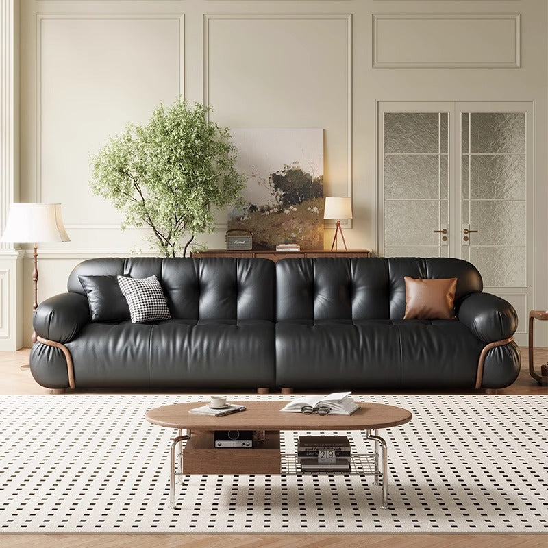 Genuine Leather Straight Sofa Cloud Design Black 260cm