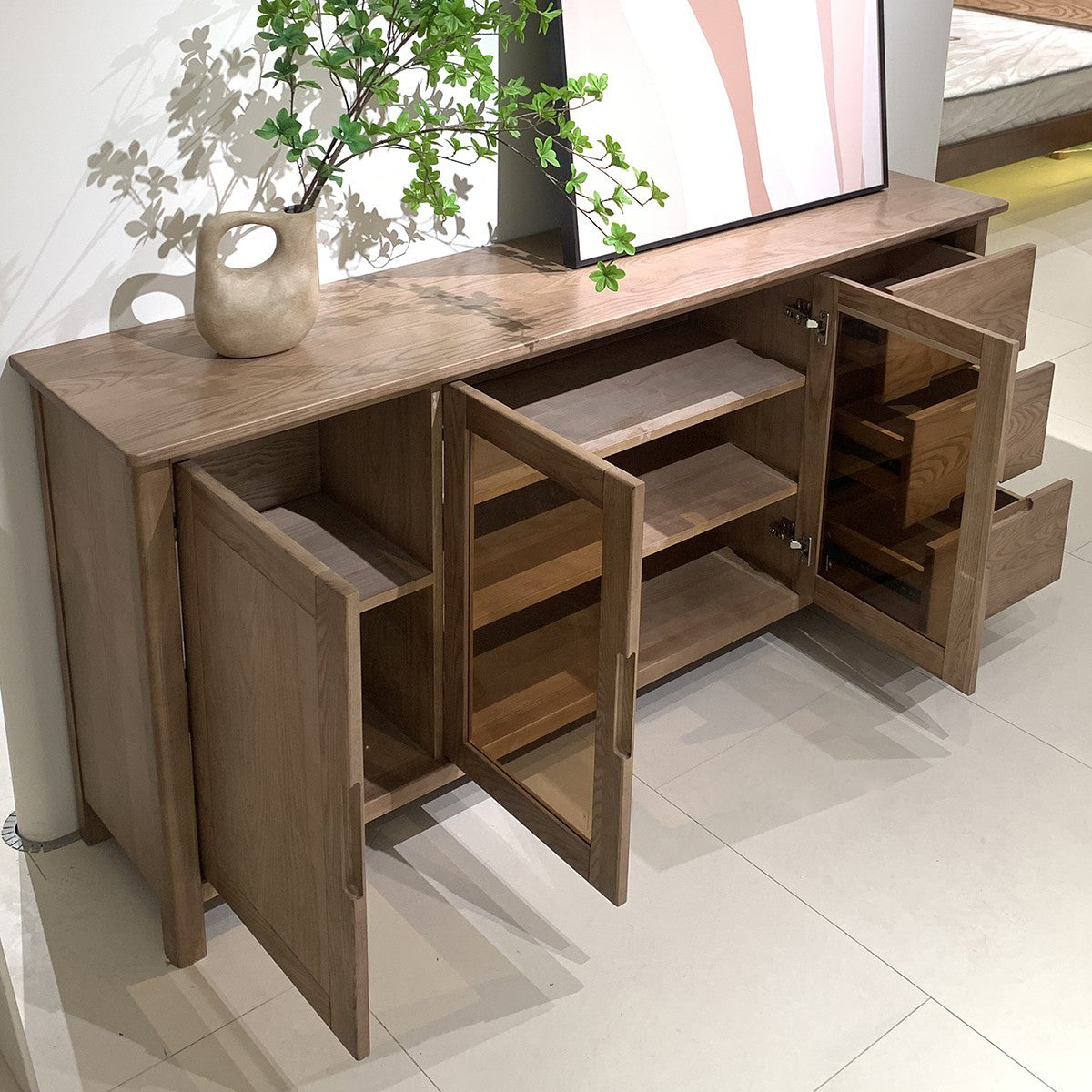 Walnut-Stained Ash Wood Sideboard with Glass and Doors