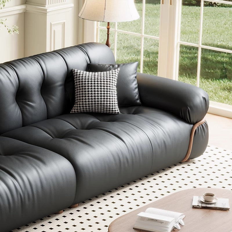 Genuine Leather Straight Sofa Cloud Design Black 260cm