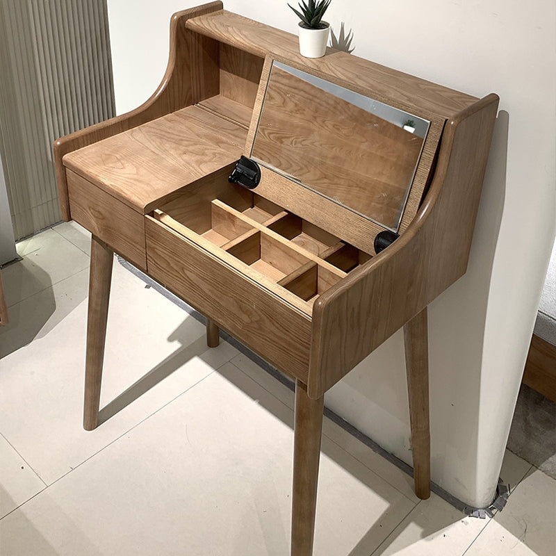 Pre Sale Walnut-Stained Ash Wood Vanity with Flip-Top Mirror and Stool