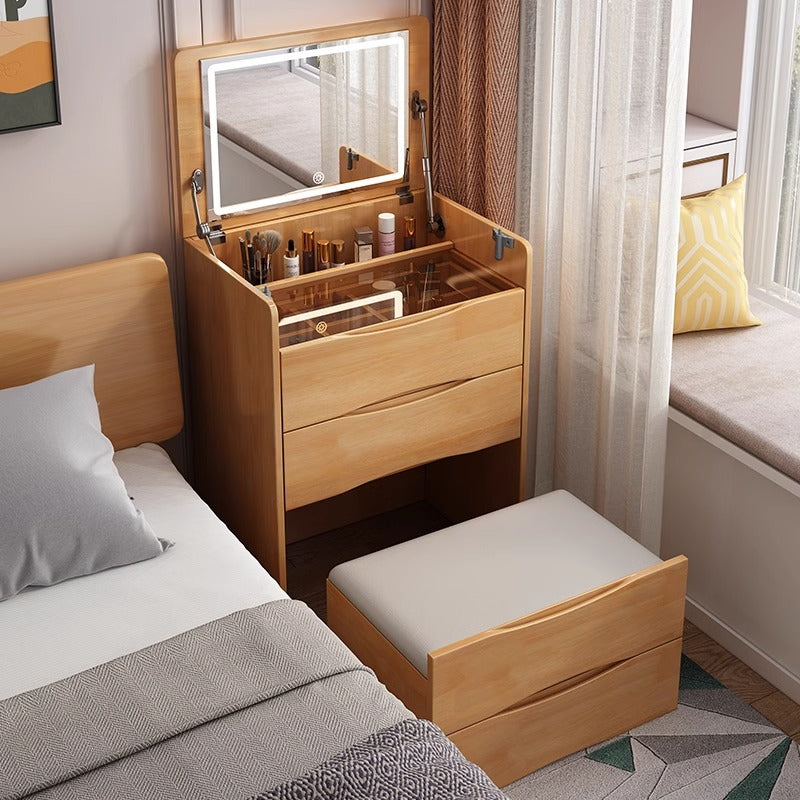 Natural Wood Color Flip-Top Dressing Table with Lighted Mirror Simple Solid Wood Dressing Table