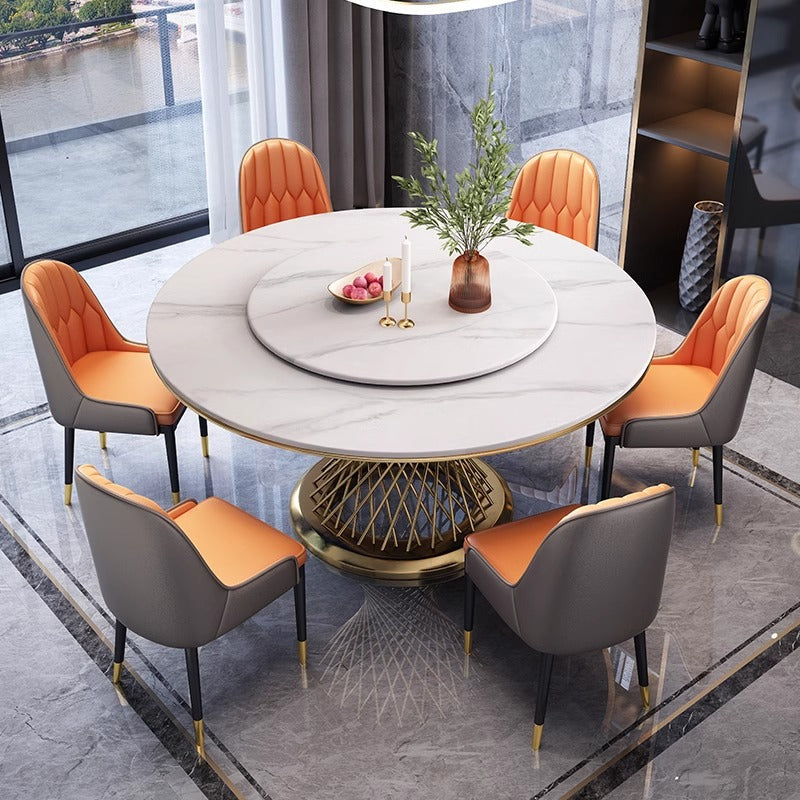 White/Round Rock Plate/Gold Base/Dining Table/