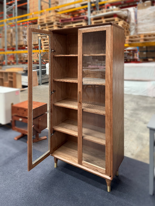 Walnut Double Door Glass Bookcase