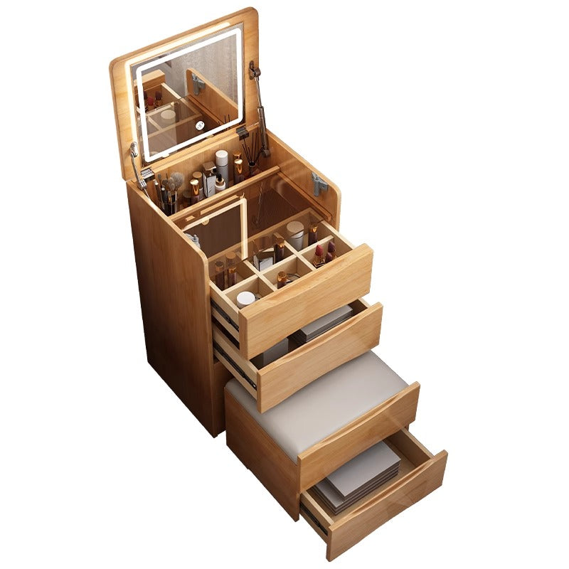 Natural Wood Color Flip-Top Dressing Table with Lighted Mirror Simple Solid Wood Dressing Table