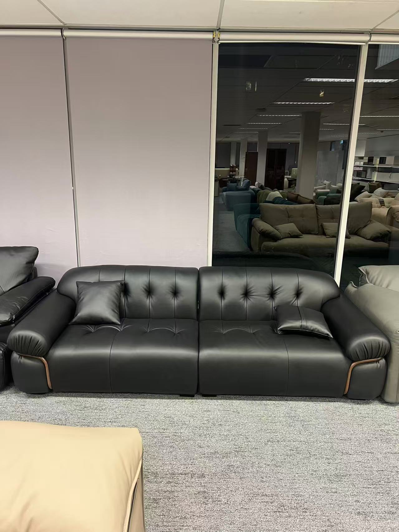 Genuine Leather Straight Sofa Cloud Design Black 260cm