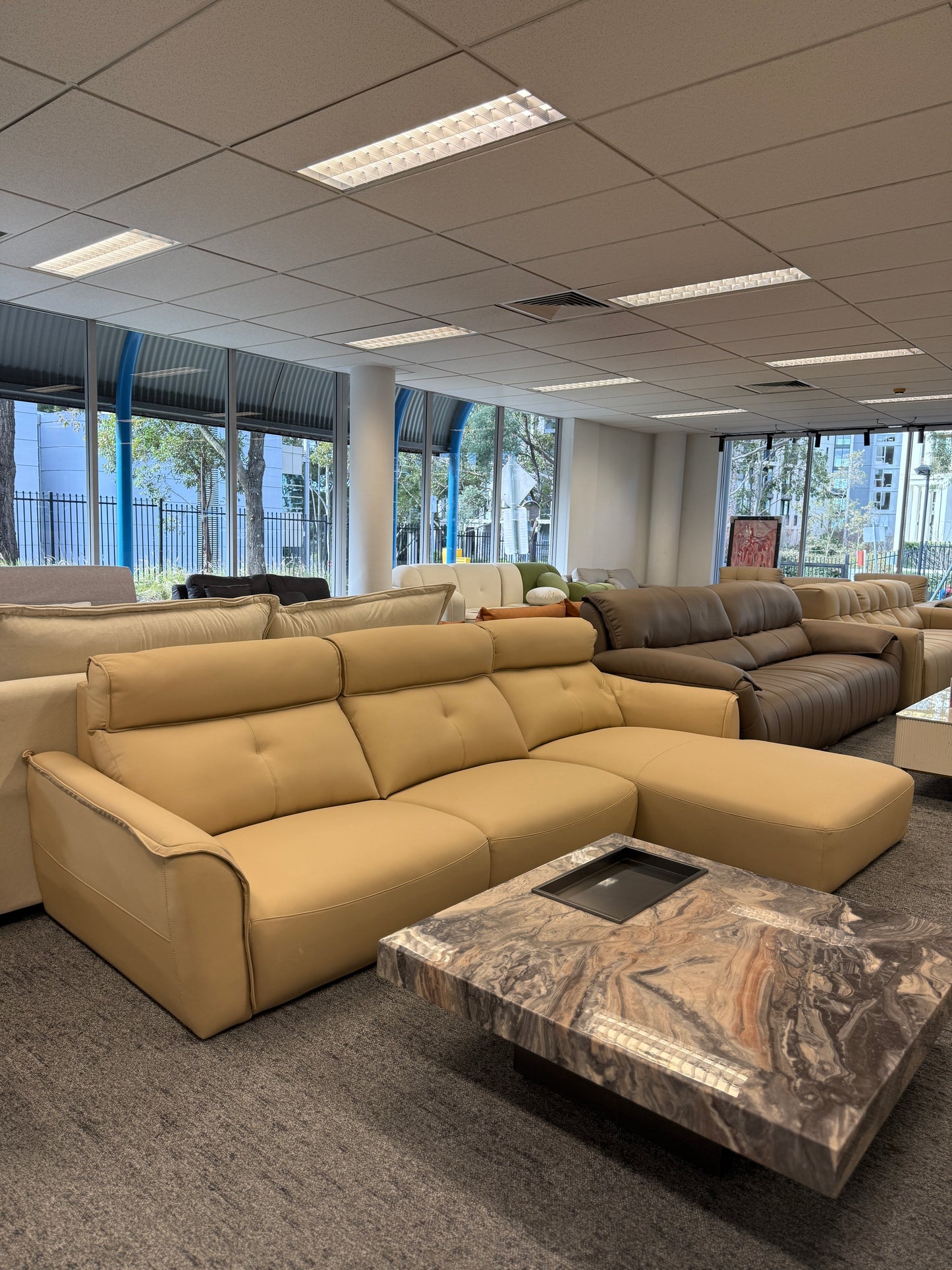 2-3Seater Eco-Leather Chaise Sofa Khaki/Light brown