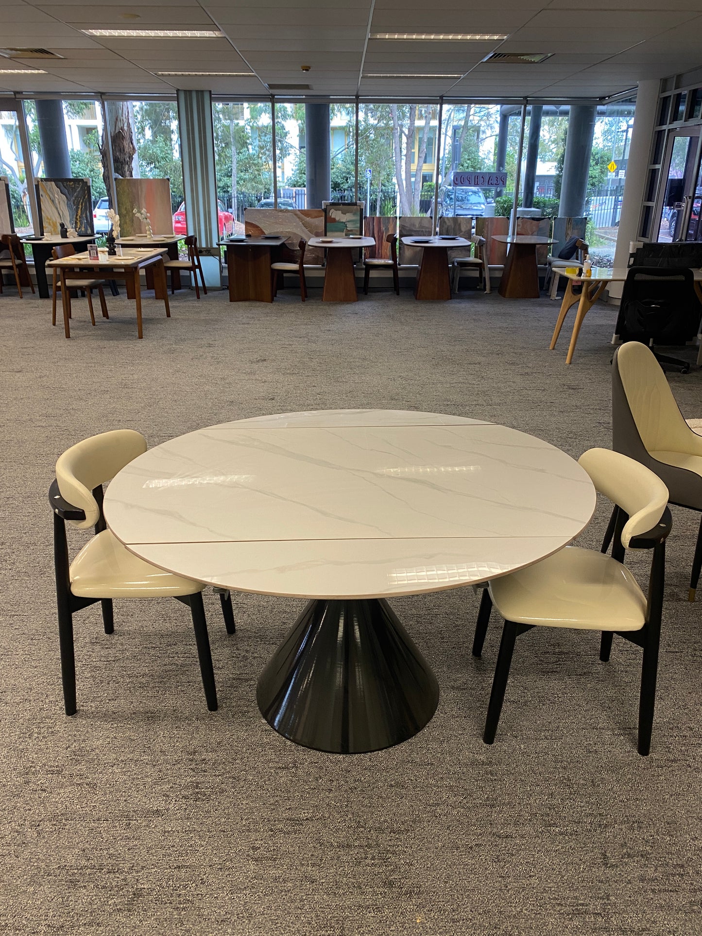 Pre Sale Round Snow Mountain Slate/Black Waist Legs/Dining Table/6 Chairs/130