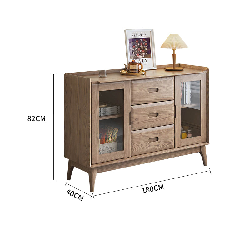 Walnut-Stained Ash Wood Sideboard with Dual Glass Doors