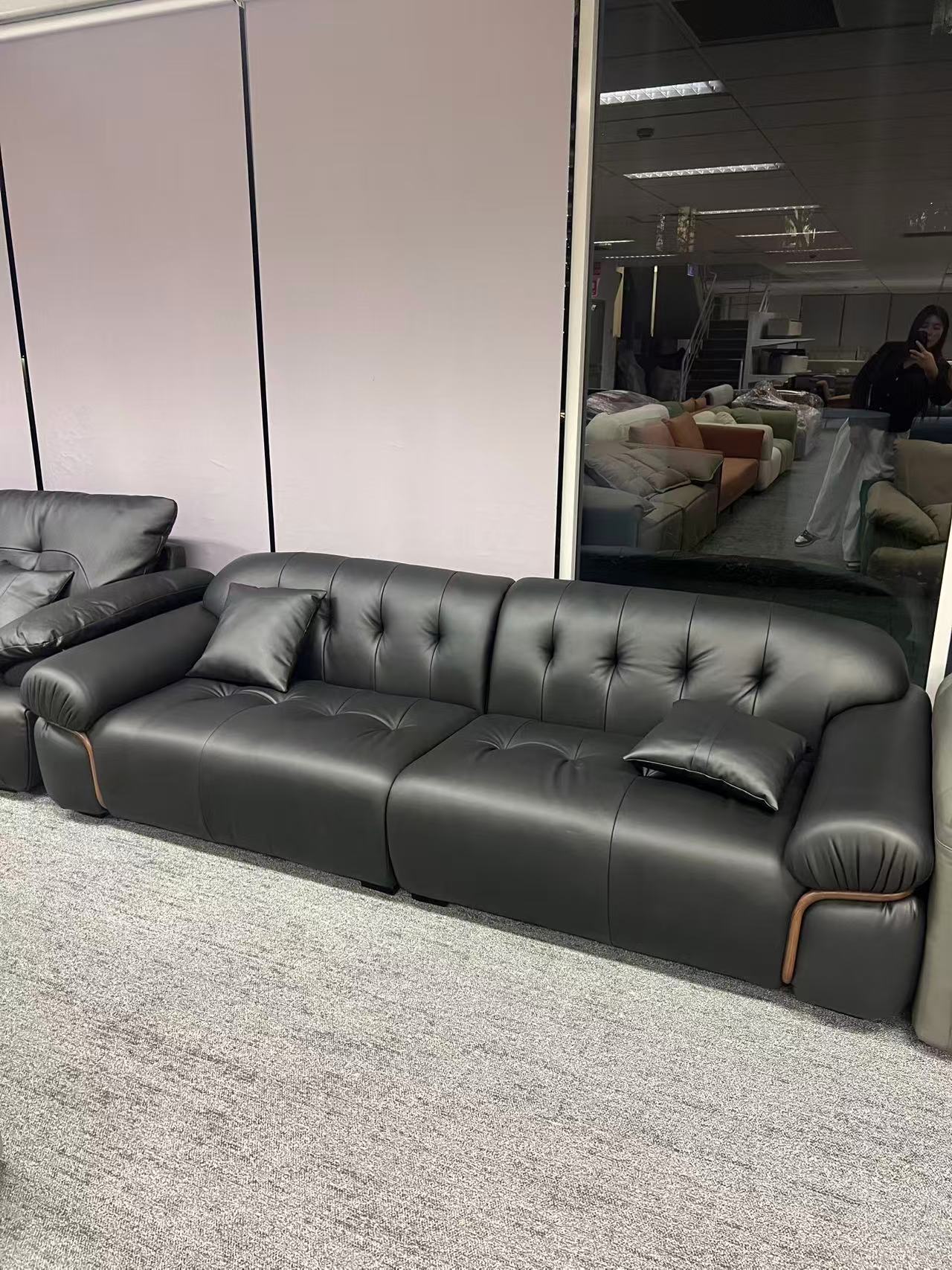 Genuine Leather Straight Sofa Cloud Design Black 260cm