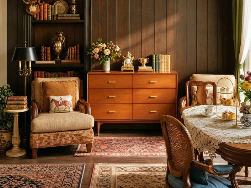 In a retro-style space, a caramel leather chair pairs with a floor lamp and wooden cabinet, creating a calm and elegant atmosphere.