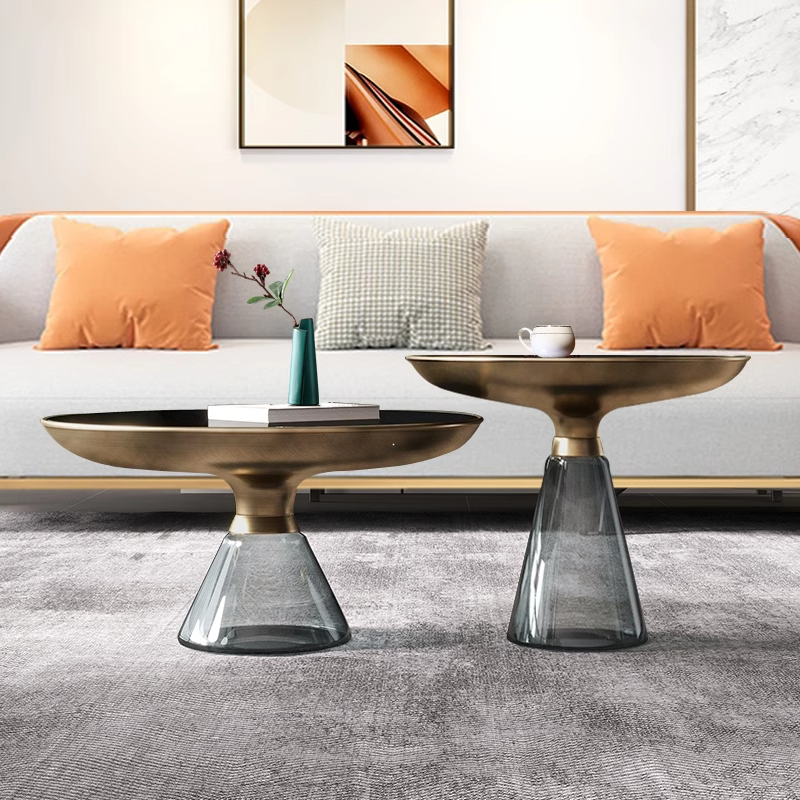 Grey Glass Side Table with Powder-Coated Metal Top