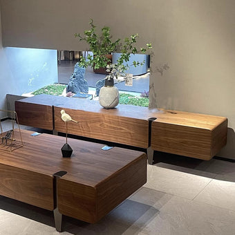 Walnut Grain TV Console with Drawers & Brushed Black Titanium Accents