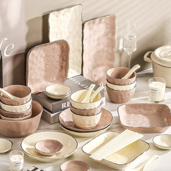 Irregular Mocha and Creamy Yellow 19-Piece Tableware Set for Four