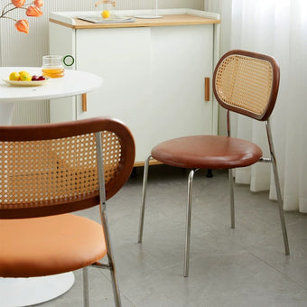 Pre Sale Yellow-brown upholstered woven back dining chair with metal legs