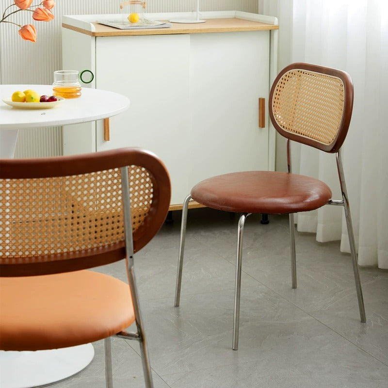 Pre Sale Yellow-brown upholstered woven back dining chair with metal legs