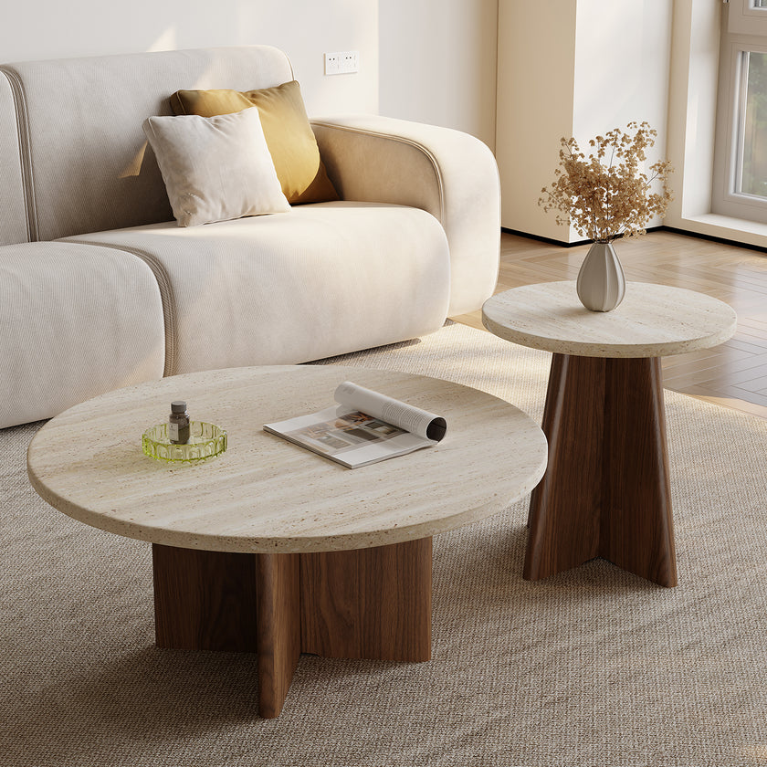 Pre Sale Travertine-Top Nesting Coffee Tables with Walnut-Toned Legs
