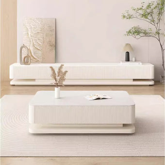 Pre Sale Pure White Stone Panel TV Console with Artisanal Openwork Wood Base