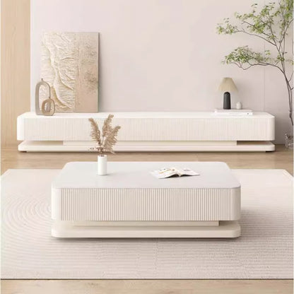 Pre Sale Pure White Stone Panel TV Console with Artisanal Openwork Wood Base