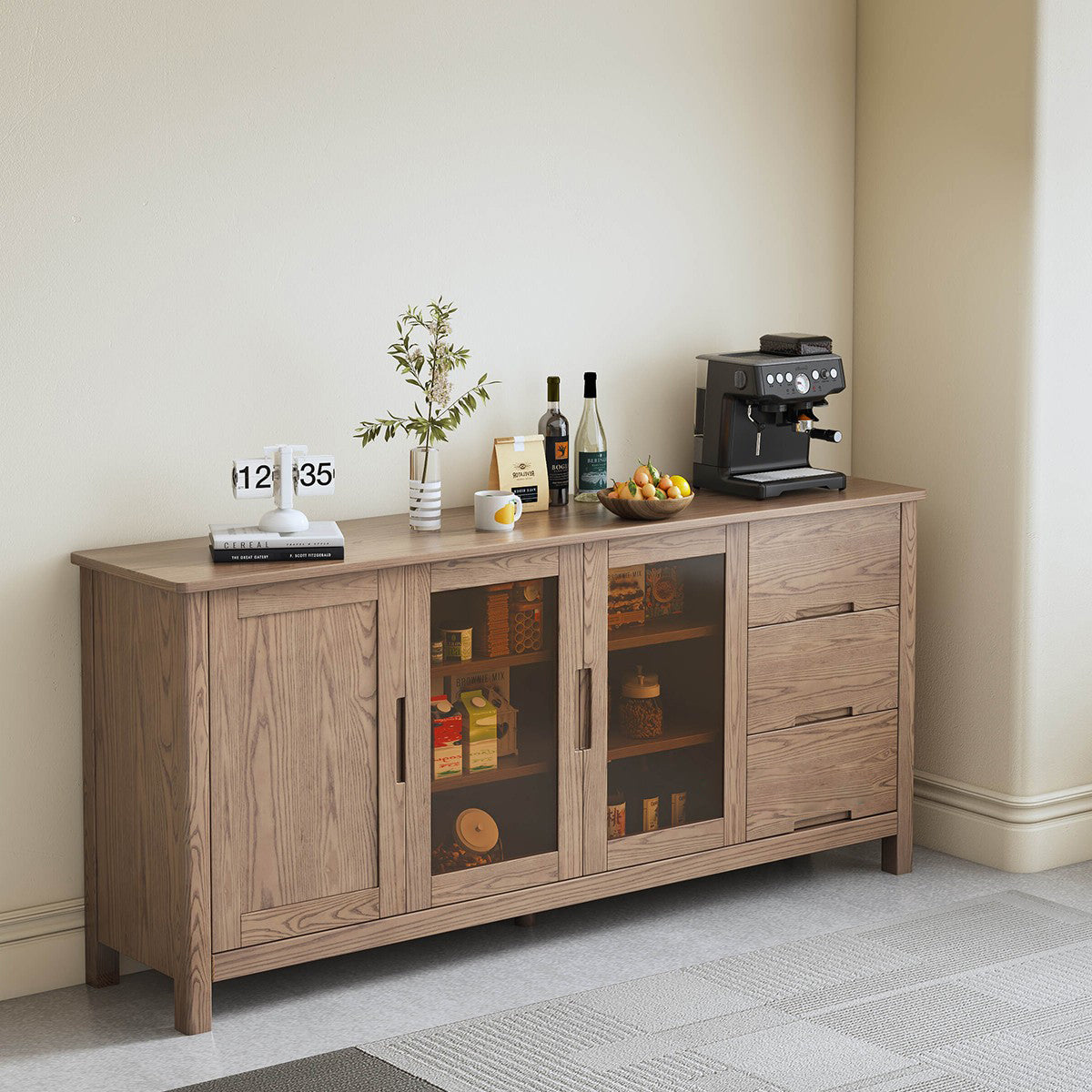 Walnut-Stained Ash Wood Sideboard with Glass and  Doors