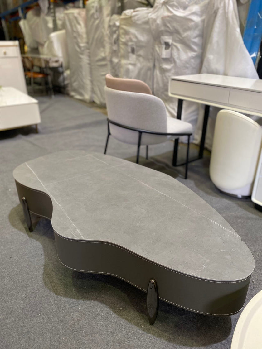 Gray Saddle Leather/Irregular Rock Plate/Coffee Table