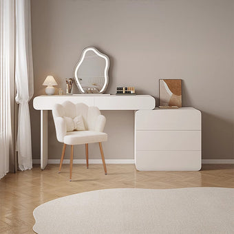 Beige Cloud Mirror Dressing Table with Three-Drawer Cabinet and Stool Set
