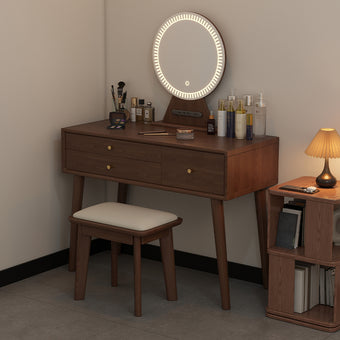 Walnut Finish Solid Wood Dressing Table with Mirror