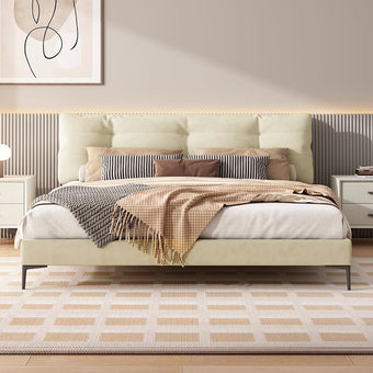 Genuine Leather/Cream White/Soft-Covered/Solid Wood Bed/153/183
