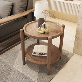 Walnut-Toned Ash Wood Two-Tier Round Side Table