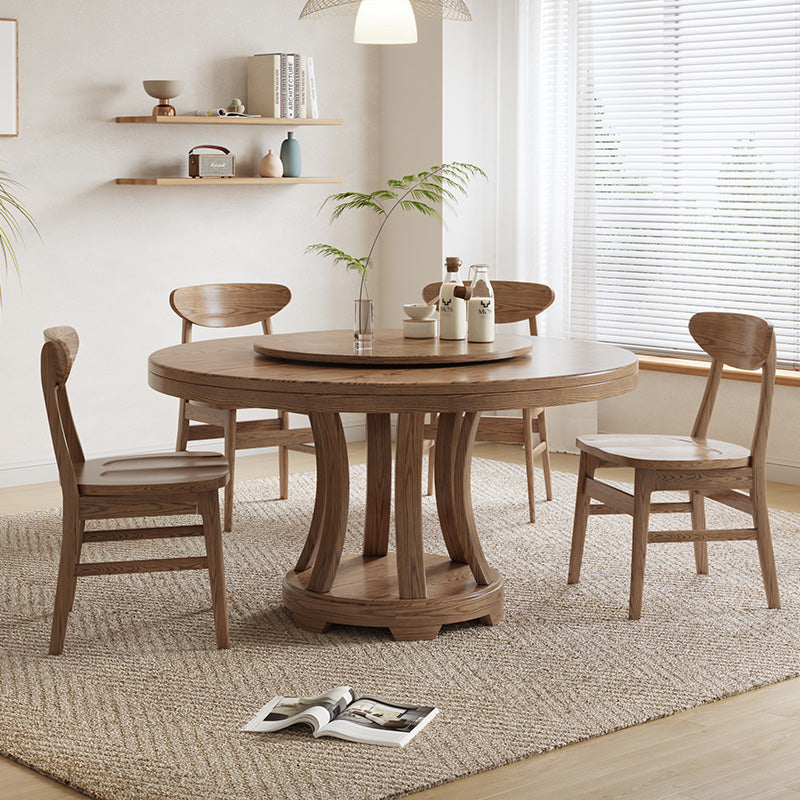 Pre Sale Round Walnut-Toned Ash Wood Dining Table with Lazy Susan