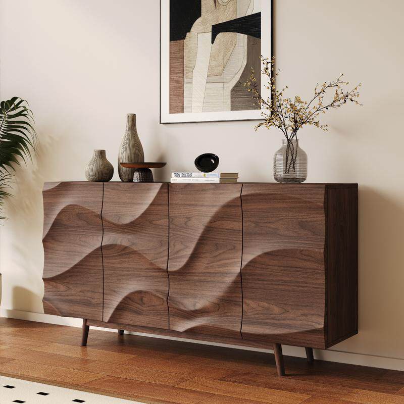 Pre Sale Walnut-Finish Solid Wood Sideboard with Water Ripple Texture