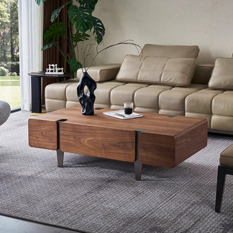 Pre Sale Walnut Grain Coffee Table with Brushed Black Titanium Accents