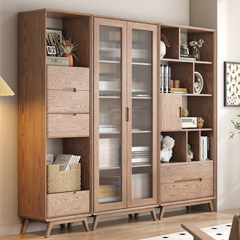 Walnut-Stained Multi-Drawer Ash Wood Bookcase