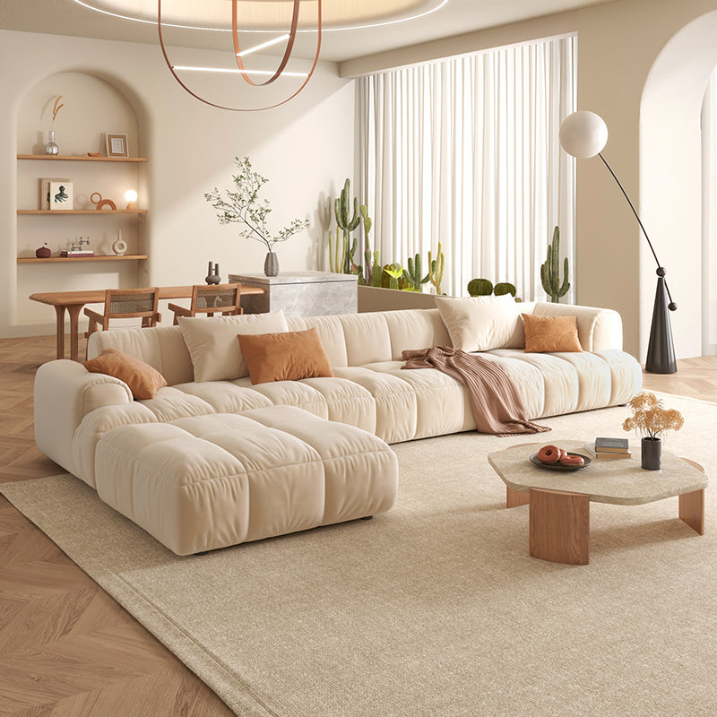 Modular Straight Sofa with Arms in Milk Velvet Fabric