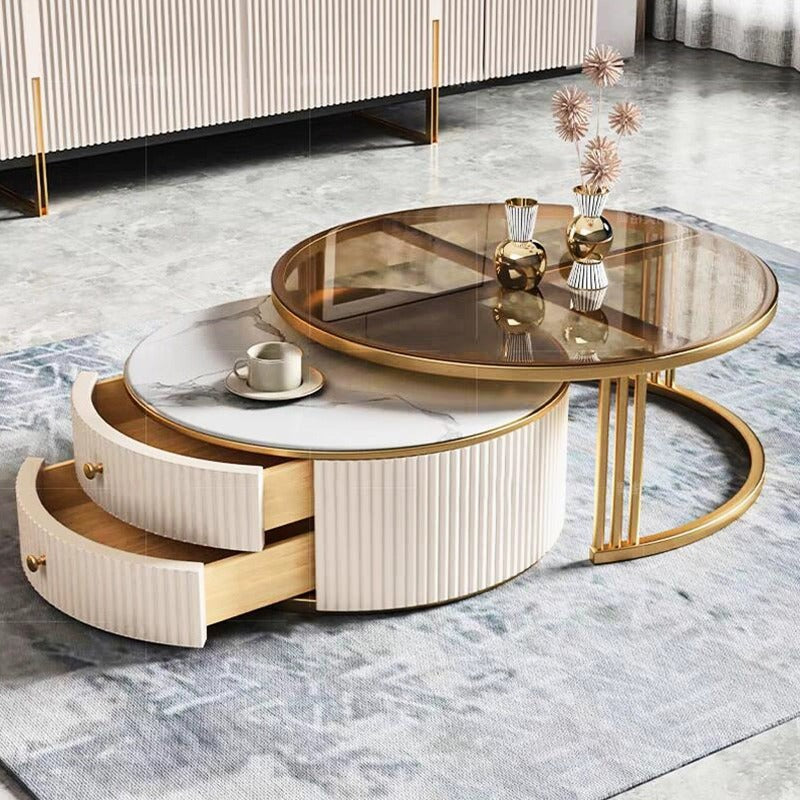 Pre Sale White Rock Top Coffee Table with Golden Glass Accents