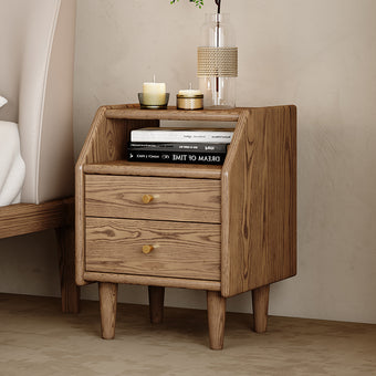 Walnut-Toned Ash Wood Nightstand with Two Drawers