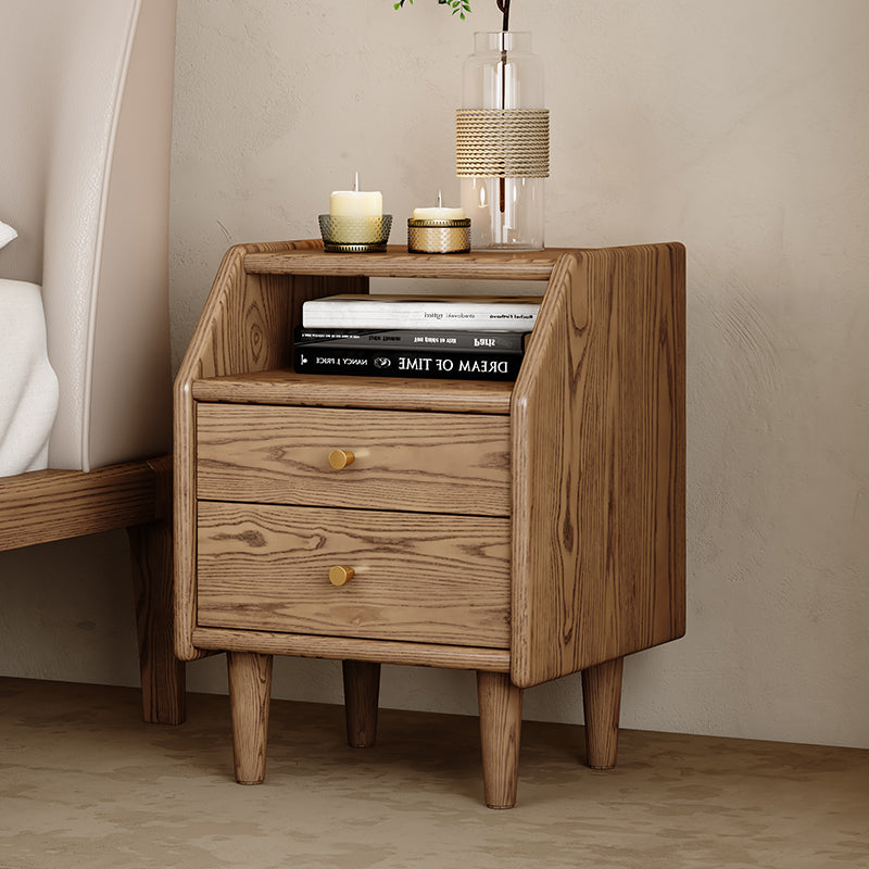 Walnut-Toned Ash Wood Nightstand with Two Drawers