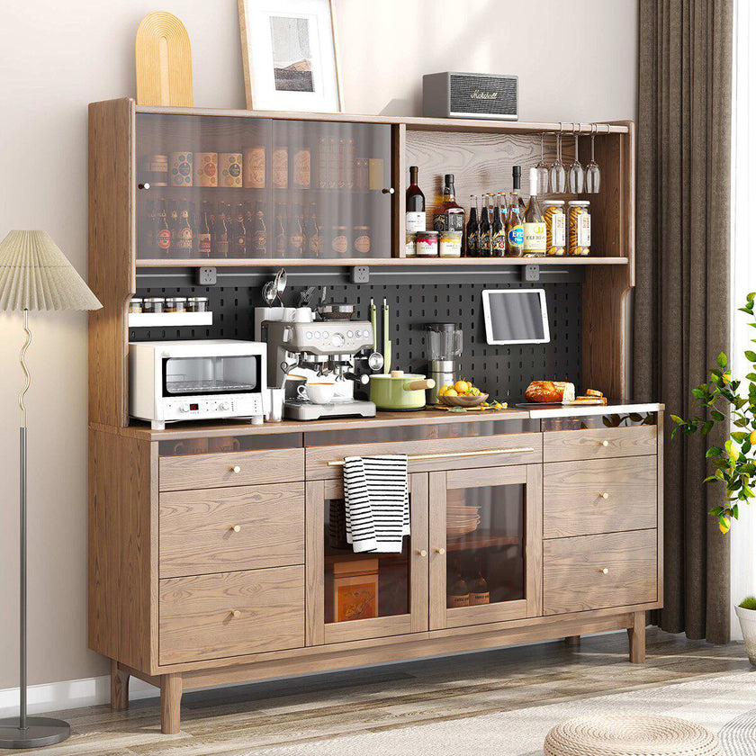 Wooden kitchen cabinet with appliances and decor in a modern kitchen setting